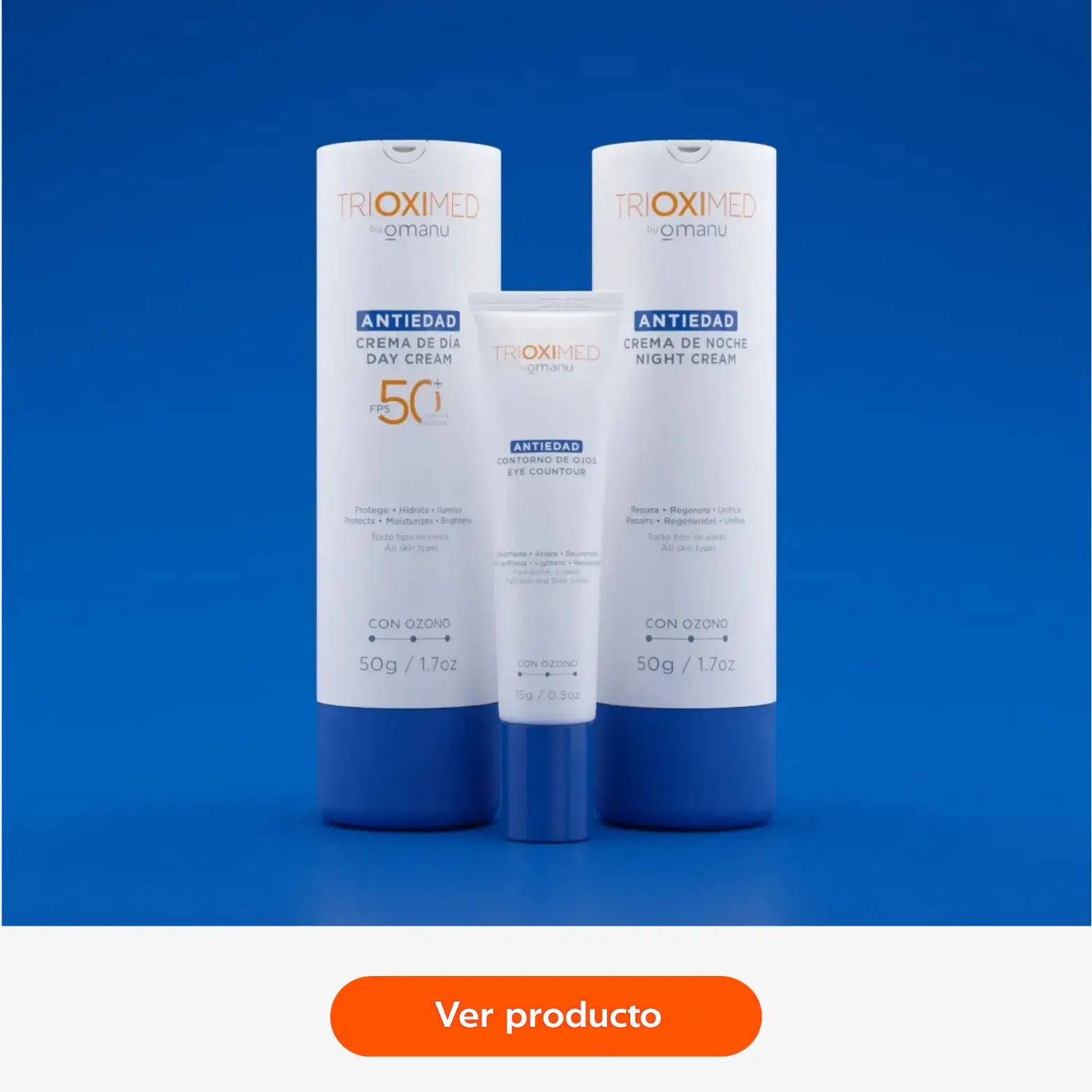Kit Antiedad Trioximed: crema de dÃa FPS 50+, crema de noche y contorno de ojos. Kit Antiedad Trioximed con crema de dÃa FPS 50+, crema de noche y contorno de ojos para el cuidado diario de la piel.